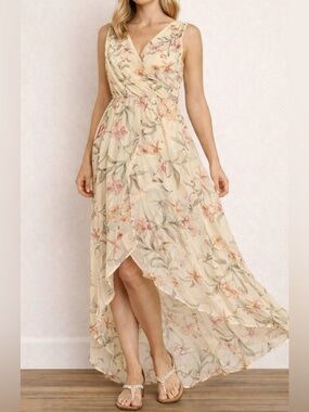Suzy Shier Cream Floral High-Low Wrap Dress